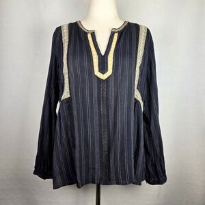 J.Jill Black/Gold Striped Long Sleeve Boho Tunic Top with Embroidery‎ Women's M